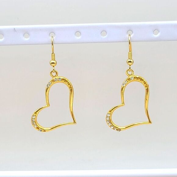 Heart Earrings,  goldtone with rhinestones,  fish hook pierced - Picture 1 of 5